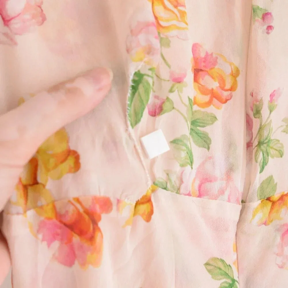 Kooples  Antique Pink Floral 100% Silk Puff Sleeve Button Down Slip Midi Dress - Picture 14 of 14